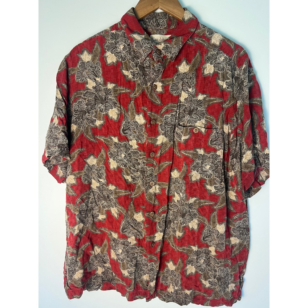 Caribbean Floral Button Down Shirt Mens Large Red Short Sleeve Rayon Tropical